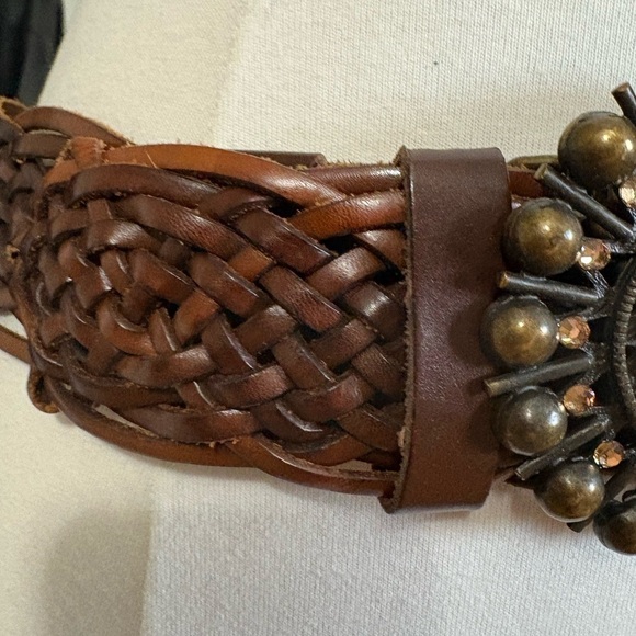 Black & Brown brown leather statement belt. Length is 43 inches. Large buckle. main image 6